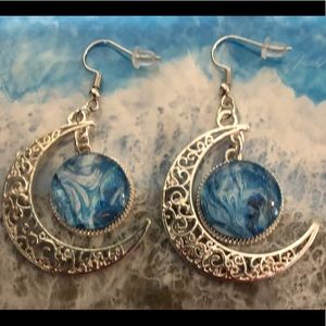 Silver Blue Half Moon Earrings
